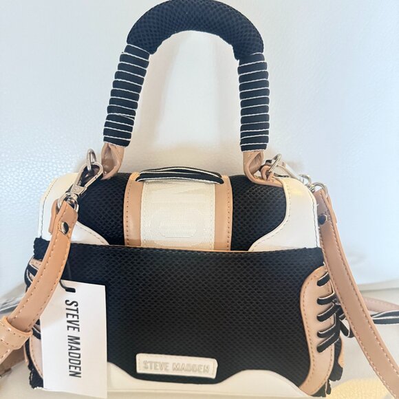 NWT STEVE MADDEN BDIEGO SATCHEL CROSSBODY BAG BLACK TAN ATHLETIC INSPIRED - Picture 4 of 6